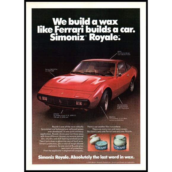 1974 Ferrari 365 GTC4 Vintage Print Ad Simoniz Royale Wax Man Cave Wall Art - Picture 1 of 1